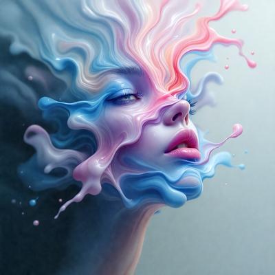 The primary subject of the image is a woman with a colorful, artistic makeup design on her face. The makeup appears to be a mix of blue, pink, and white colors, creating a visually striking and unique look. The woman's face is the main focus of the image, and her makeup is the primary subject.

The setting of the image is a room with a wall visible in the background. The overall atmosphere of the image is creative and artistic, as the woman's makeup